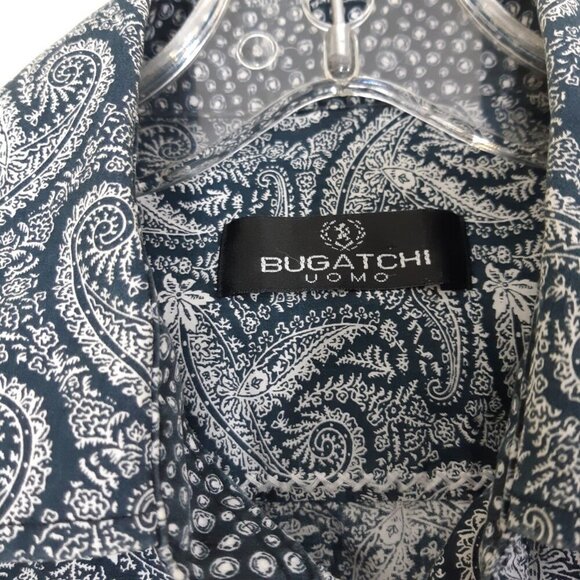 Bugatchi Uomo Mens Medium Button Up Shirt Blue Paisley Print Cotton Long Sleeve - Picture 3 of 5